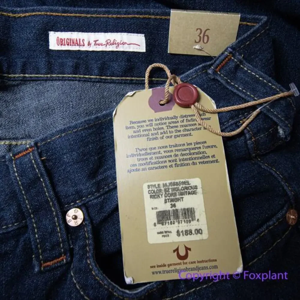 New! True Religion mens Ricky straight‎ jeans, size 36